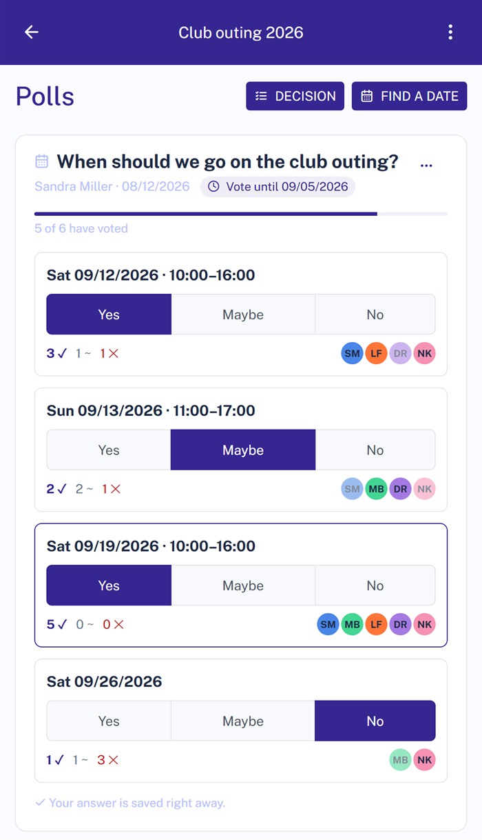 Scheduling poll in Projoodle on a phone: four proposed dates, each with yes, maybe and no to choose from