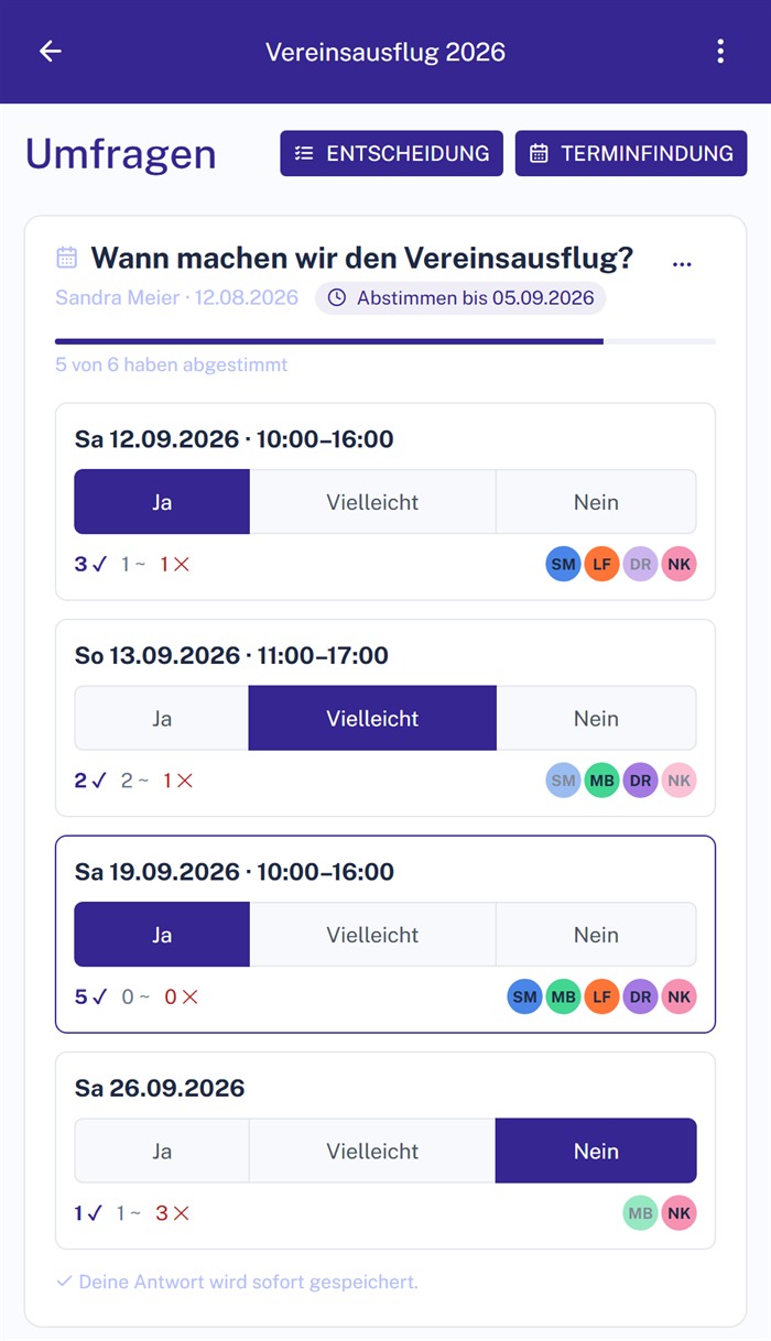 Terminumfrage in Projoodle auf dem Handy: vier Terminvorschläge, jeder mit Ja, Vielleicht und Nein zur Auswahl