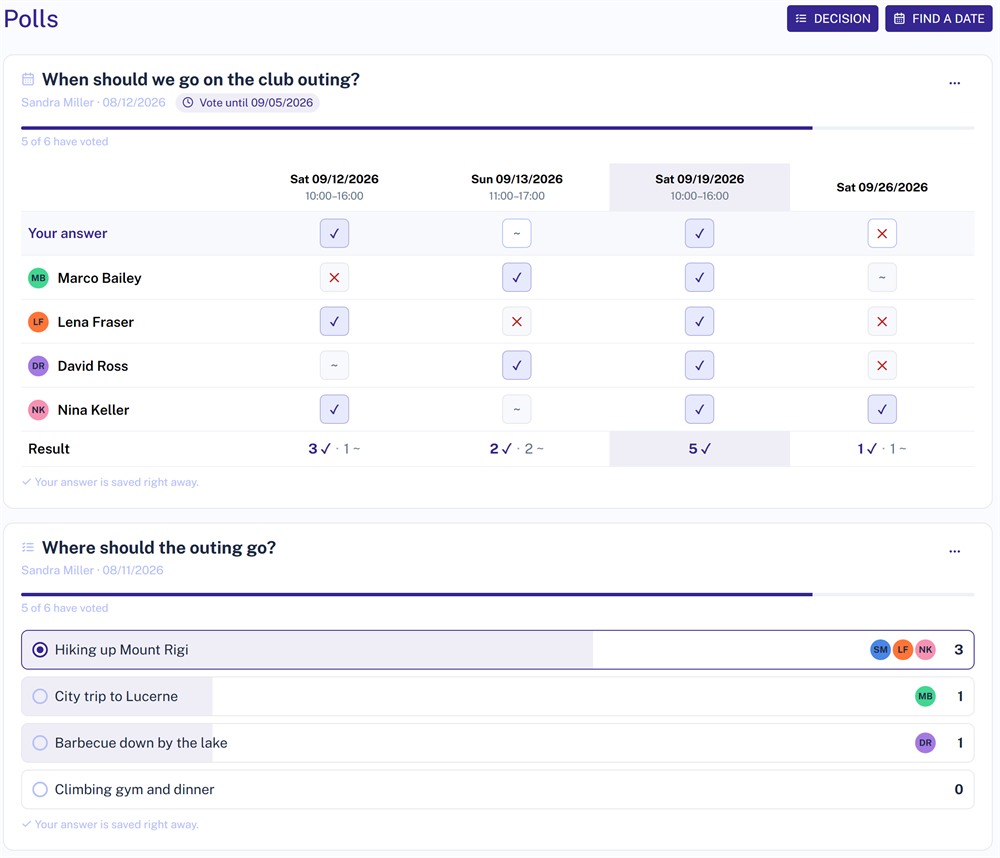 Polls in Projoodle: a scheduling poll with every participant's answer and, below it, a decision poll